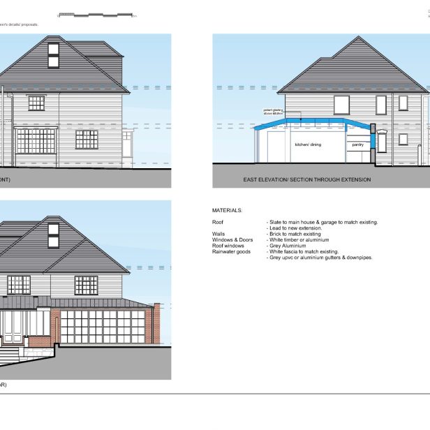 A set of architectural planning drawings of the extension and loft conversion at Nethercott, showing the fenestration designs of the proposed windows to reflect the style of a 1920s detached house.