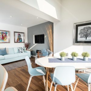 An internal view of the open plan dining and living room from the breakfast bar at Church Street.
