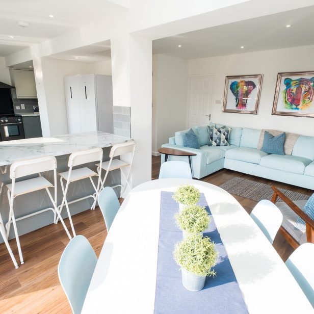 An internal view of the open plan kitchen, dining and living area at Church Street.