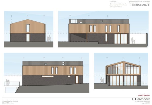 A set of architectural planning drawings showing the proposed materials for each elevation of the barn conversion near Bickleigh.