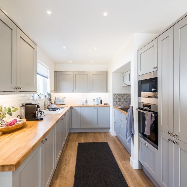 An internal view of the new kitchen in its reconfigured layout to the renovated bungalow in Sidford Sidmouth.